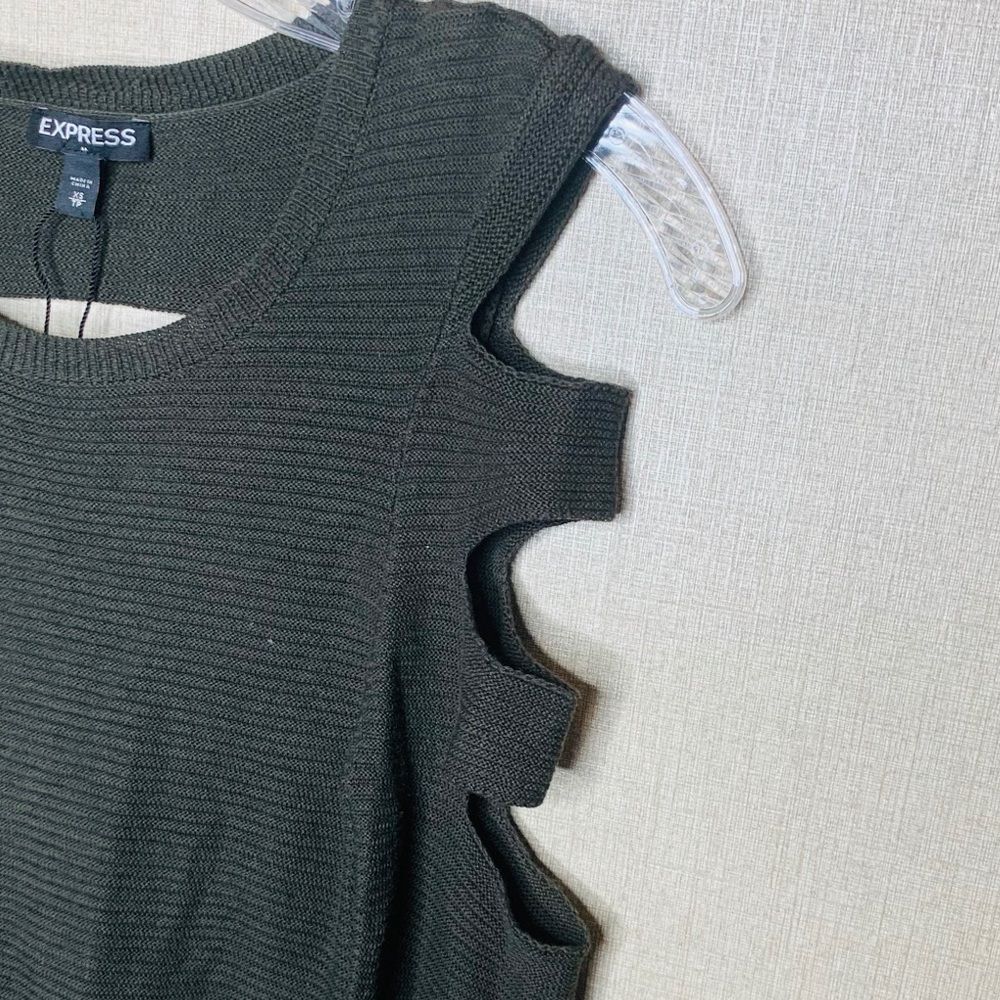 Vintage Express Grunge Sweater Dress XS Olive Green Distressed Back Bodycon Knit - Picture 5 of 9